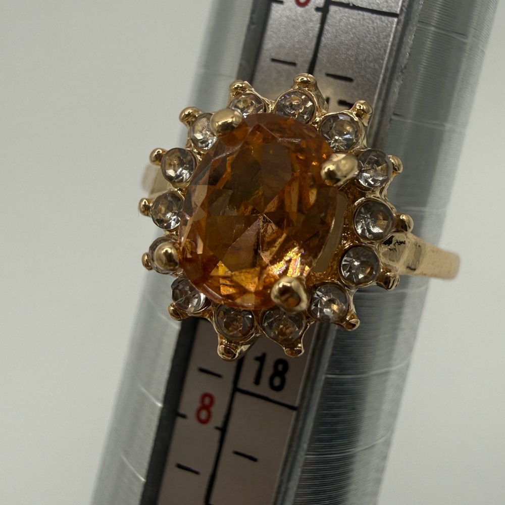 Gold-Tone Amber Halo Ring with Clear Accent Stones - Picture 5 of 9